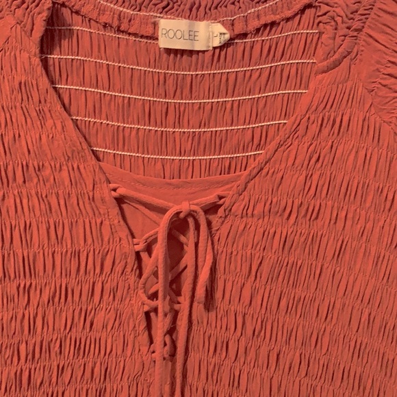 NWOT Roolee Ruched Stretch Orange Rust Boho Tassle Puff Sleeve Mid Length Dress - Picture 2 of 2